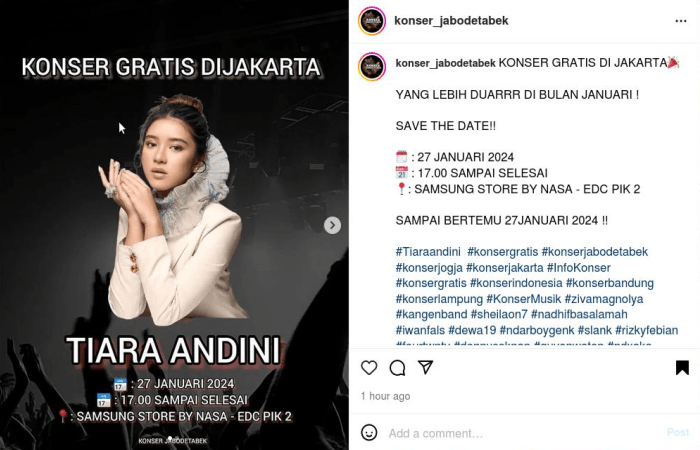 Catat! Konser Gratis Tiara Andini di Jakarta Pada 27 Januari 2024, Langsung Gas Saja ke Lokasi