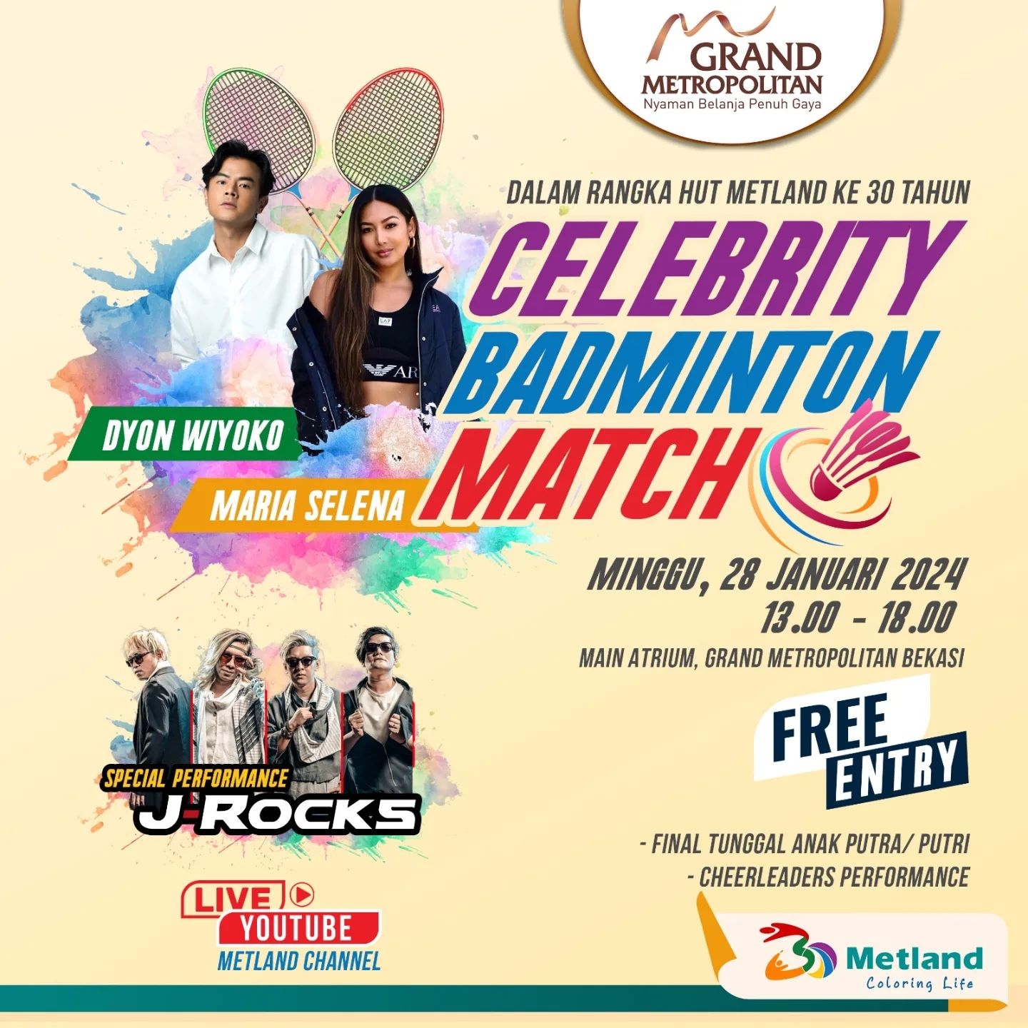 Mau Konser Gratis J-Rocks Sambil Nonton Celebrity Badminton Dyon Wiyoko Vs Maria Selena? Kunjungi Grand Metropolitan Bekasi, Minggu Besok