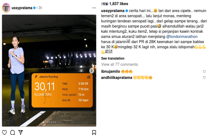 Demi Ikut London Marathon 2024, Ussy Sulistiawaty Lari-Lari sejauh 30 Kilometer: Dari Gelap Sampai Terang, Dari Bergincu sampai Pucat Pasi