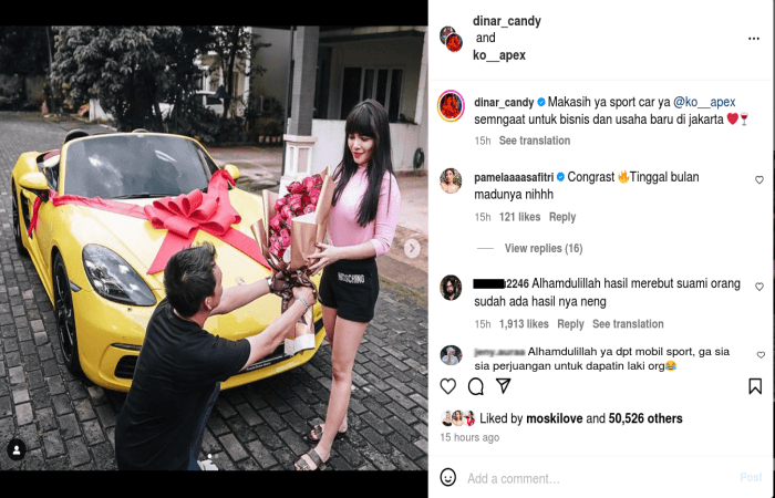 Mobil Sport Jadi Kejutan Istimewa Dinar Candy dari Ko Alex, Netizen Sebut Hasil Perjuangan Rebut Suami Orang