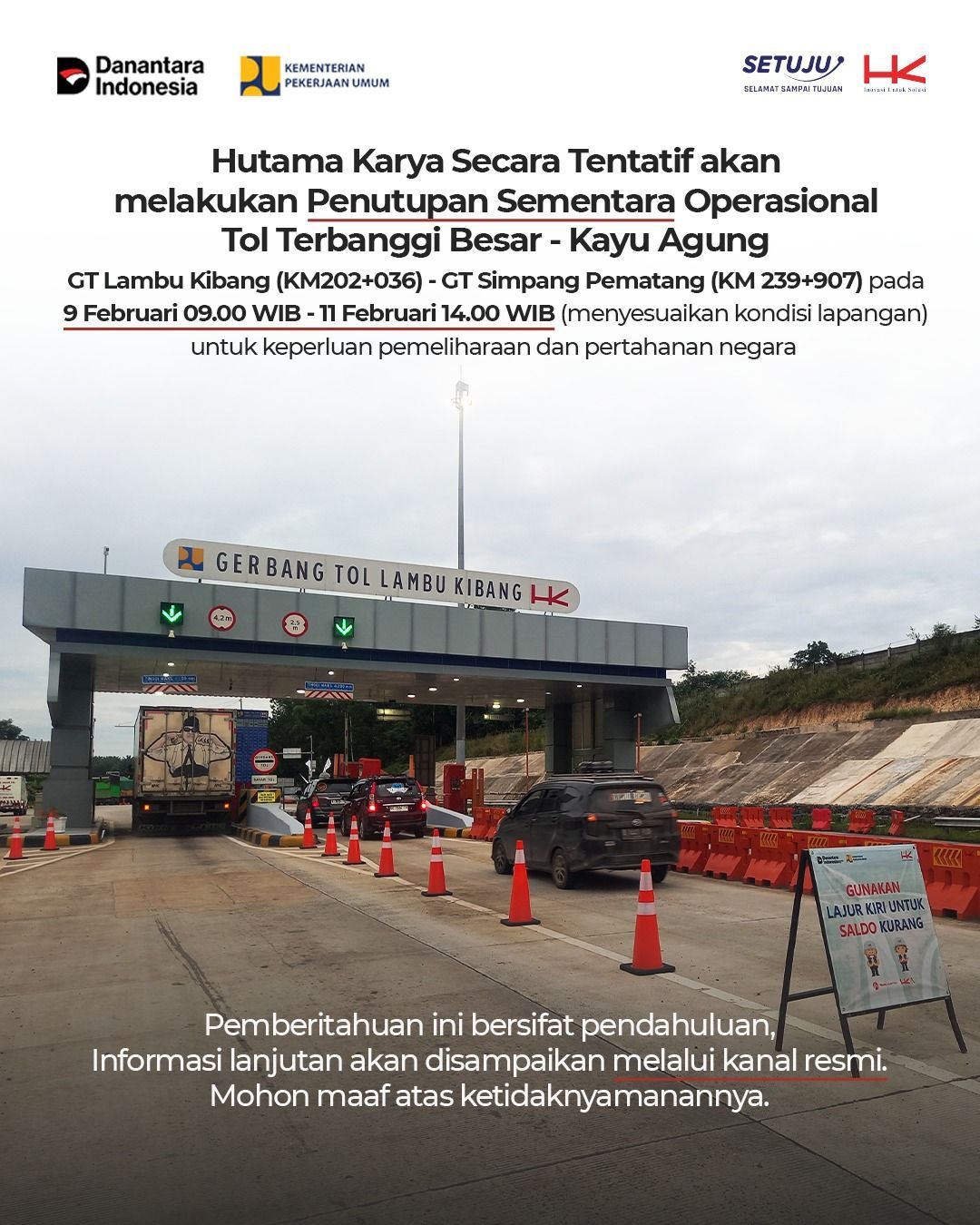Penting! Jalan Tol Lampung Ruas Terbanggi Besar - Kayu Agung Bakal Ditutup Sementara hingga 11 Februari 2026, Ini Alasannya