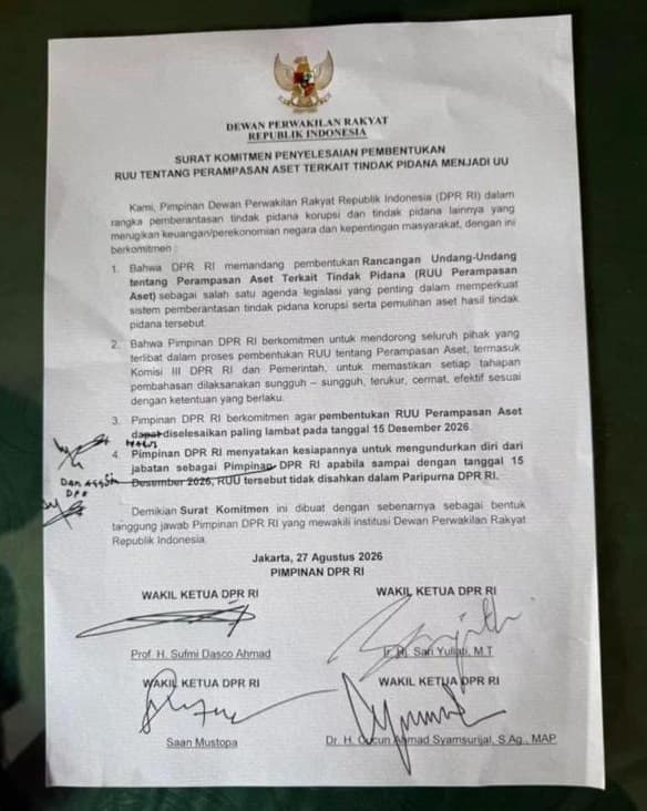 Ini 4 Poin Isi Komitmen Pimpinan DPR RI Terkait RUU Perampasan Aset, Ditandatangani Setelah Didesak Demo AMPB