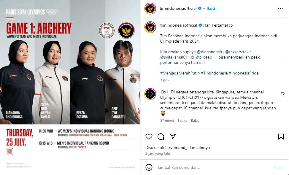 Cek Jadwal Olimpiade Paris 2024, Indonesia akan Berlaga dengan Tim Panahan Hari Ini
