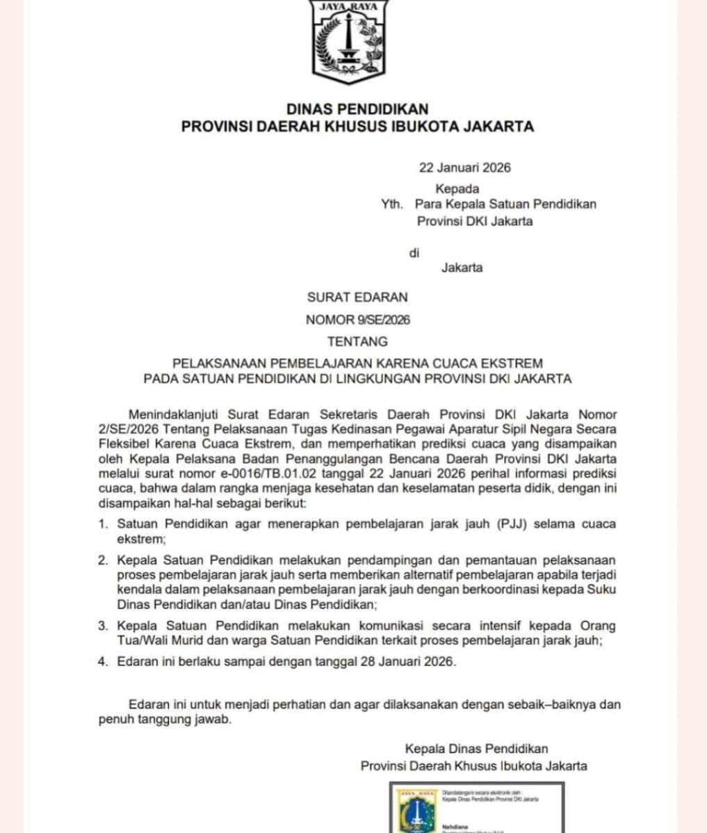 Jakarta Dikepung Banjir Akibat Cuaca Ekstrem, Pemprov DKI Kembali Terapkan WFH dan PJJ hingga 28 Januari 2026