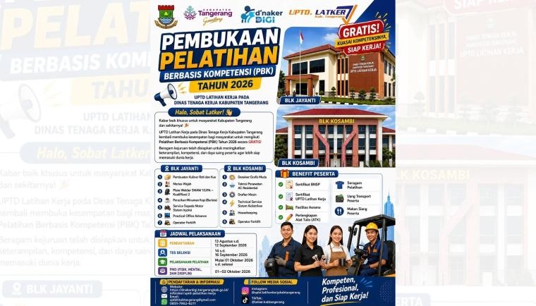 Buruan Daftar! Disnaker Kabupaten Tangerang Buka Pelatihan Kerja Berbasis Kompetensi Gratis 2026, Dapat Sertifikat BNSP