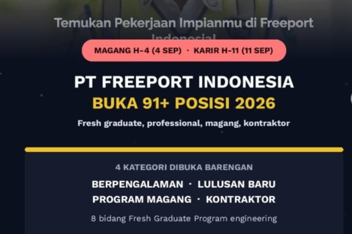 PT Freeport Buka 91 Lowongan Kerja, 8 Posisi Ini Khusus untuk Fresh Graduate