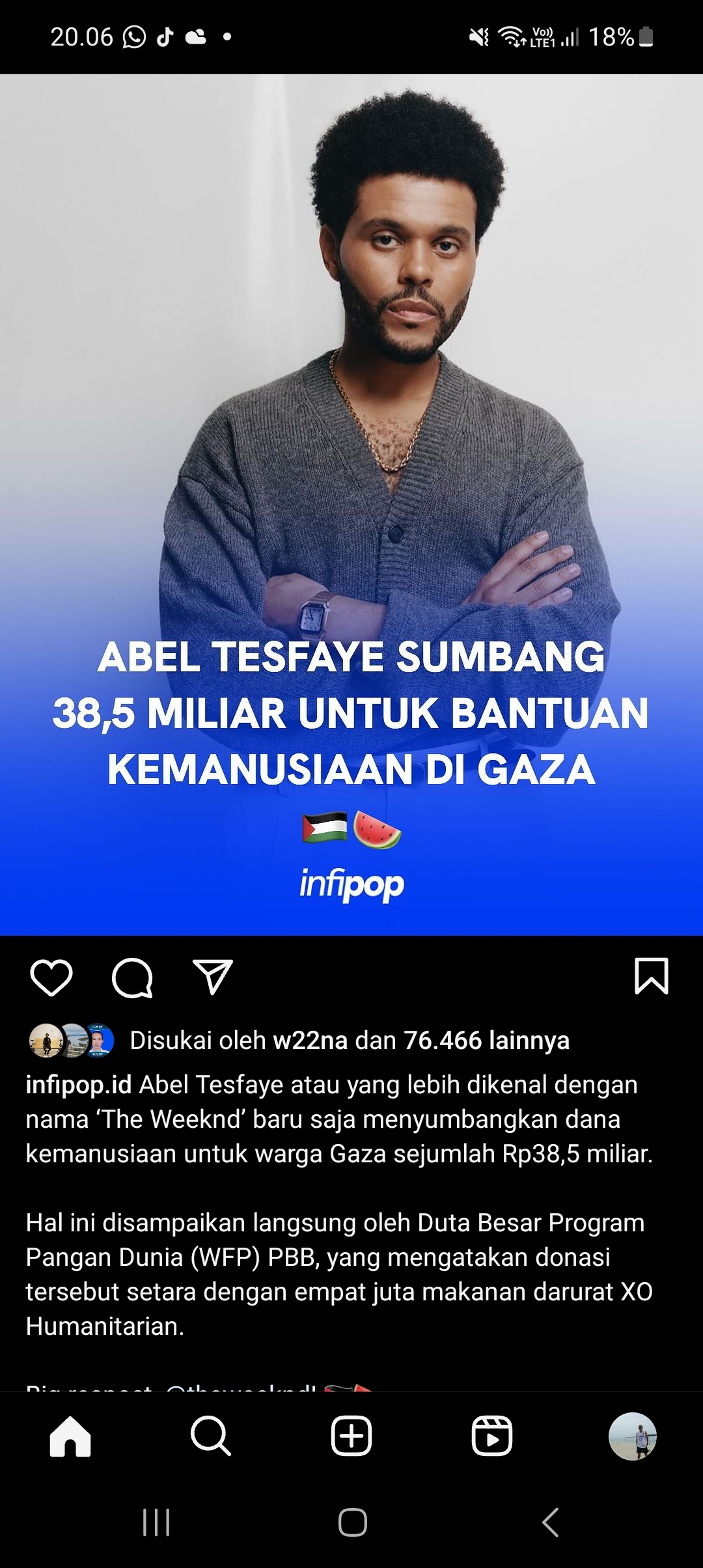 Keren! Penyanyi The Weeknd Sumbangkan Rp 38,5 Miliar untuk Warga Gaza Melalui Program Pangan Dunia PBB