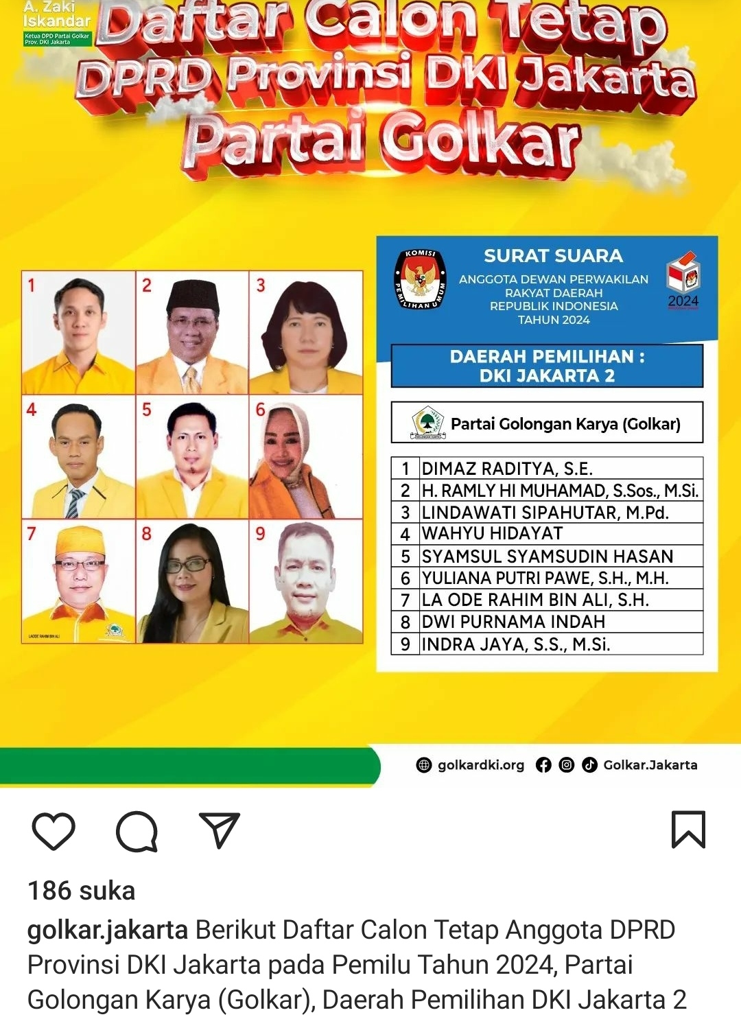 Daftar Caleg Golkar DPRD DKI yang Bertarung di Dapil DKI Jakarta 2, Perebutkan 9 Kursi
