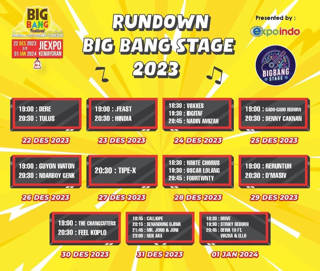 Rundown Big Bang Festival dari Tanggal 22 Desember - 1 Januari 2024, Ada Denny Caknan hingga Dewa 19, Cek Harga Tiket di Sini