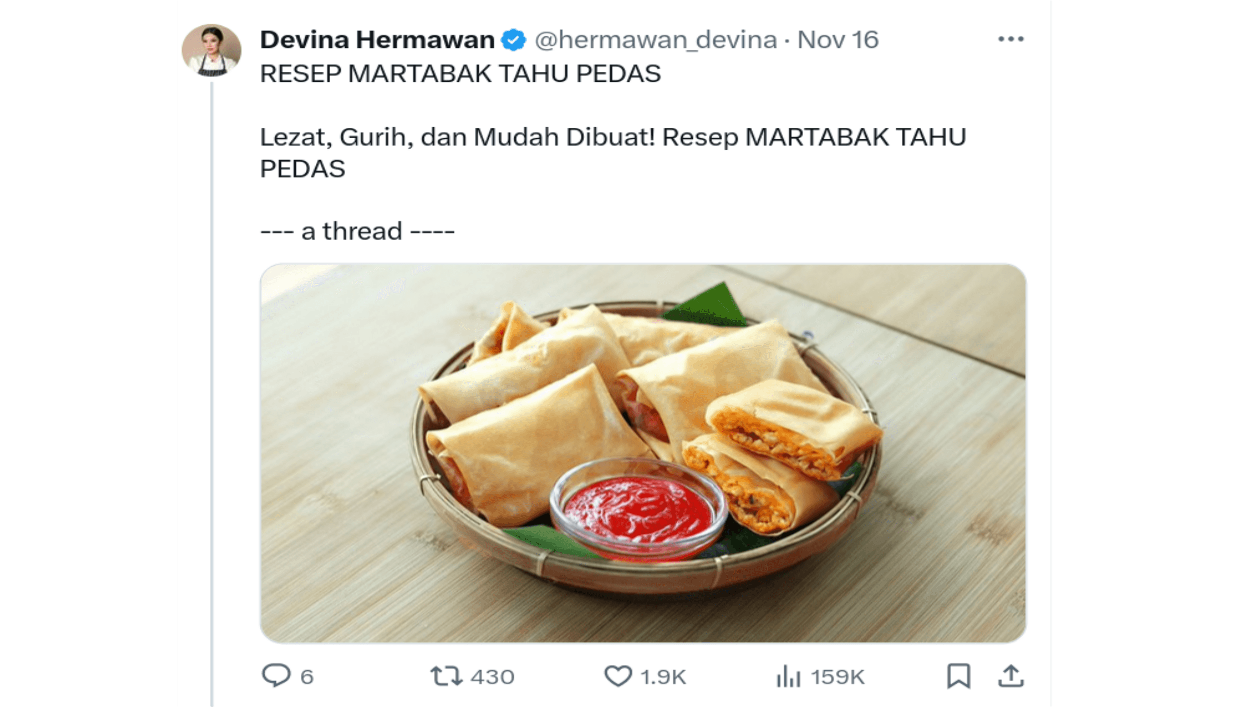 Santap Martabak Tahu Pedas Saat Hujan Deras, Ini Resepnya dari Chef Devina Hermawan