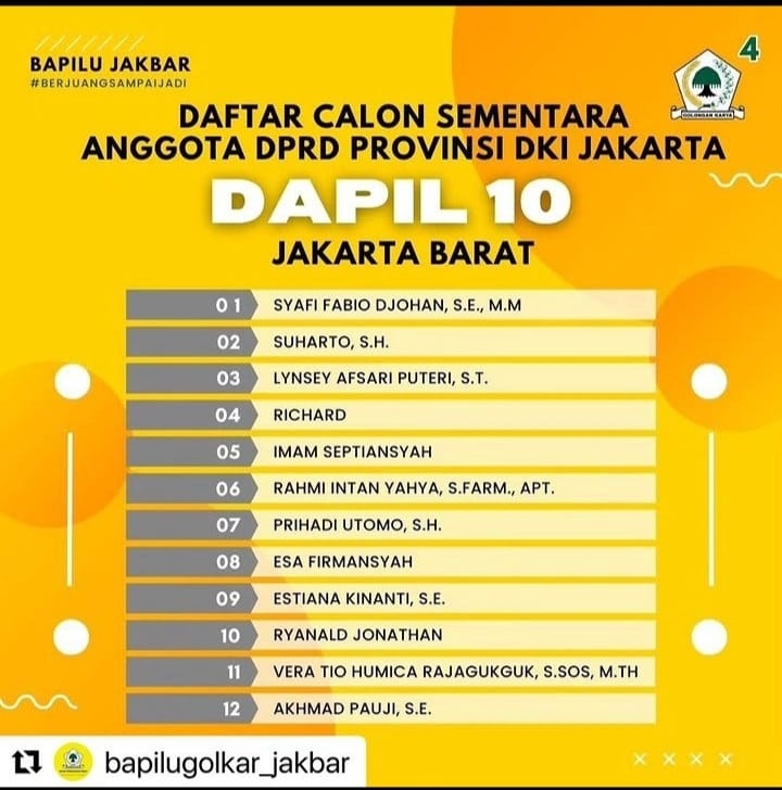 Pemilu 2024 Tinggal 40 Hari Lagi, Berikut 12 Nama Caleg Partai Golkar untuk DPRD Provinsi DKI Jakarta dari Dapil 10