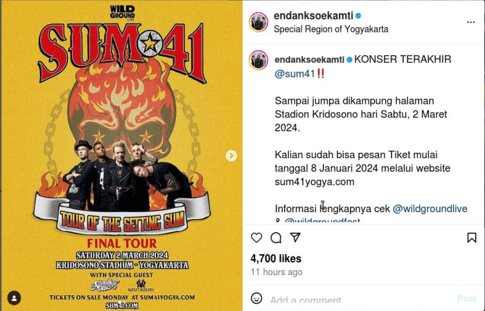 Segini Harga Tiket Konser Sum 41 di Kridosono Stadium, Anak Punk Jateng dan Yogyakarta Silakan Merapat!
