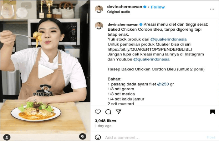 Resep Baked Chicken Cordon Bleu dari Chef Devina, Cocok Jadi Menu Diet Kamu karena Tinggi Serat