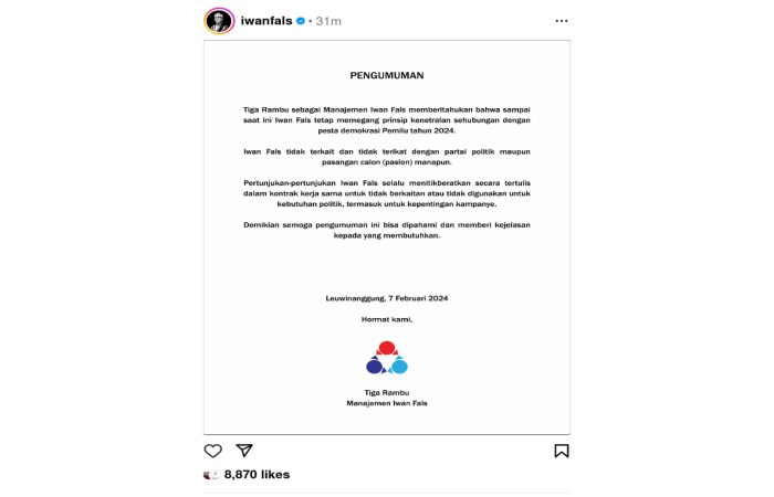 Iwan Fals Putuskan Netral di Pemilu 2024, Menolak Terkait dan Terikat Pasangan Capres Mana Pun