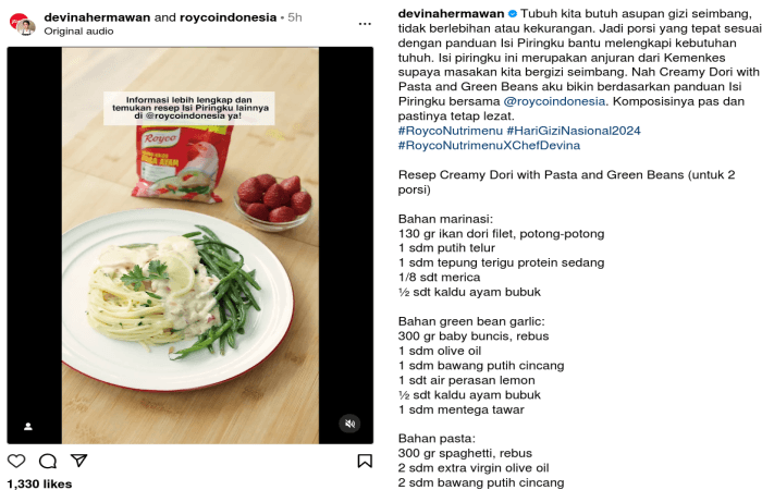 Resep Creamy Dori With Pasta and Green Beans ala Chef Devina, Masakan Enak dan Gizi Seimbang Panduan dari Kemenkes