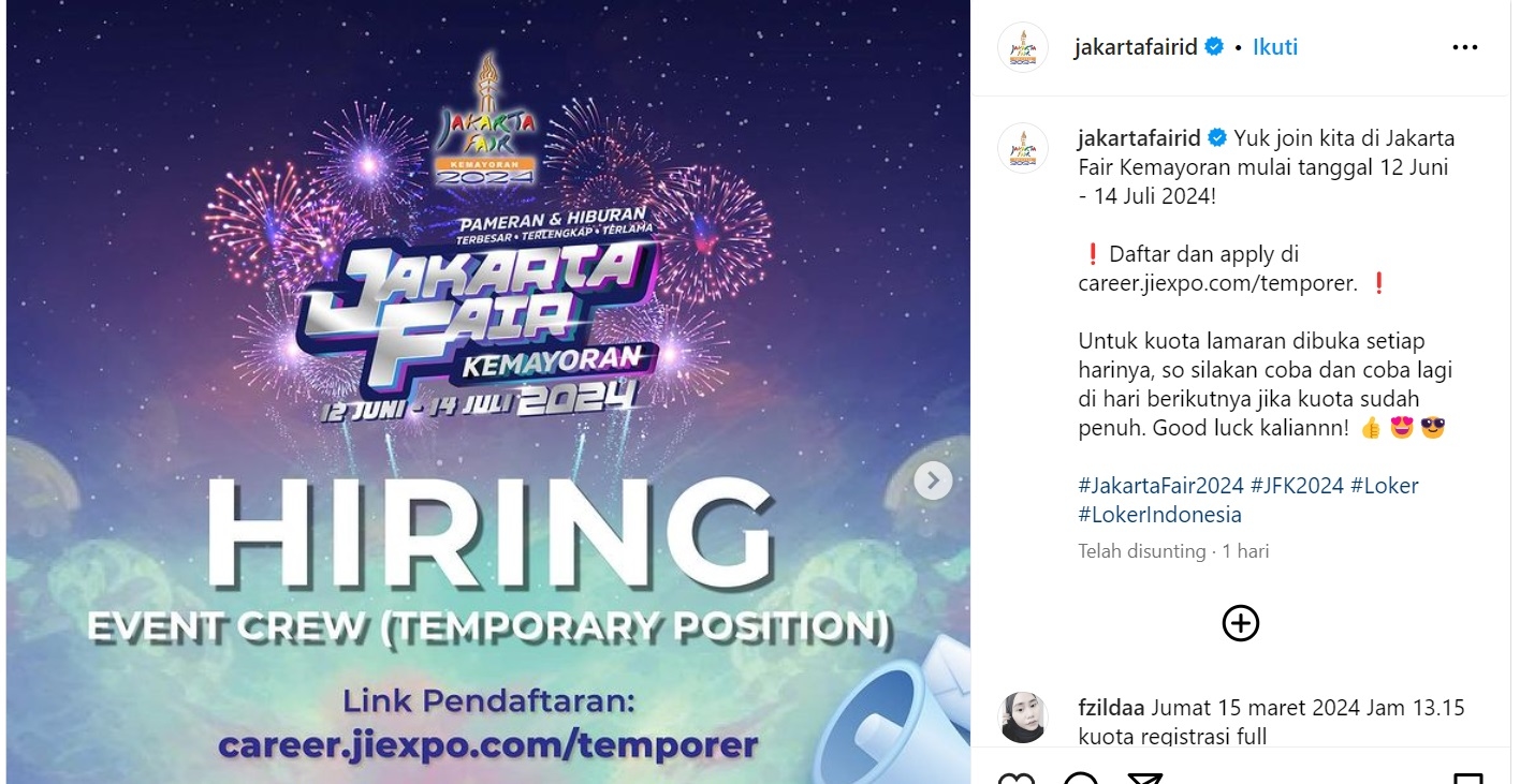 LOWONGAN KERJA! Jakarta Fair 2024 Cari Karyawan Musiman, Lulusan SMA dan Mahasiswa Boleh Ikut, Ini Syarat dan Cara Daftarnya