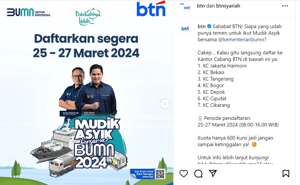 MUDIK GRATIS BANK BTN: Pendaftaran Dibuka 25-27 Maret 2024, Tersedia 600 Kursi Tujuan Malang, Solo dan Yogyakarta, Simak Syaratnya di Sini