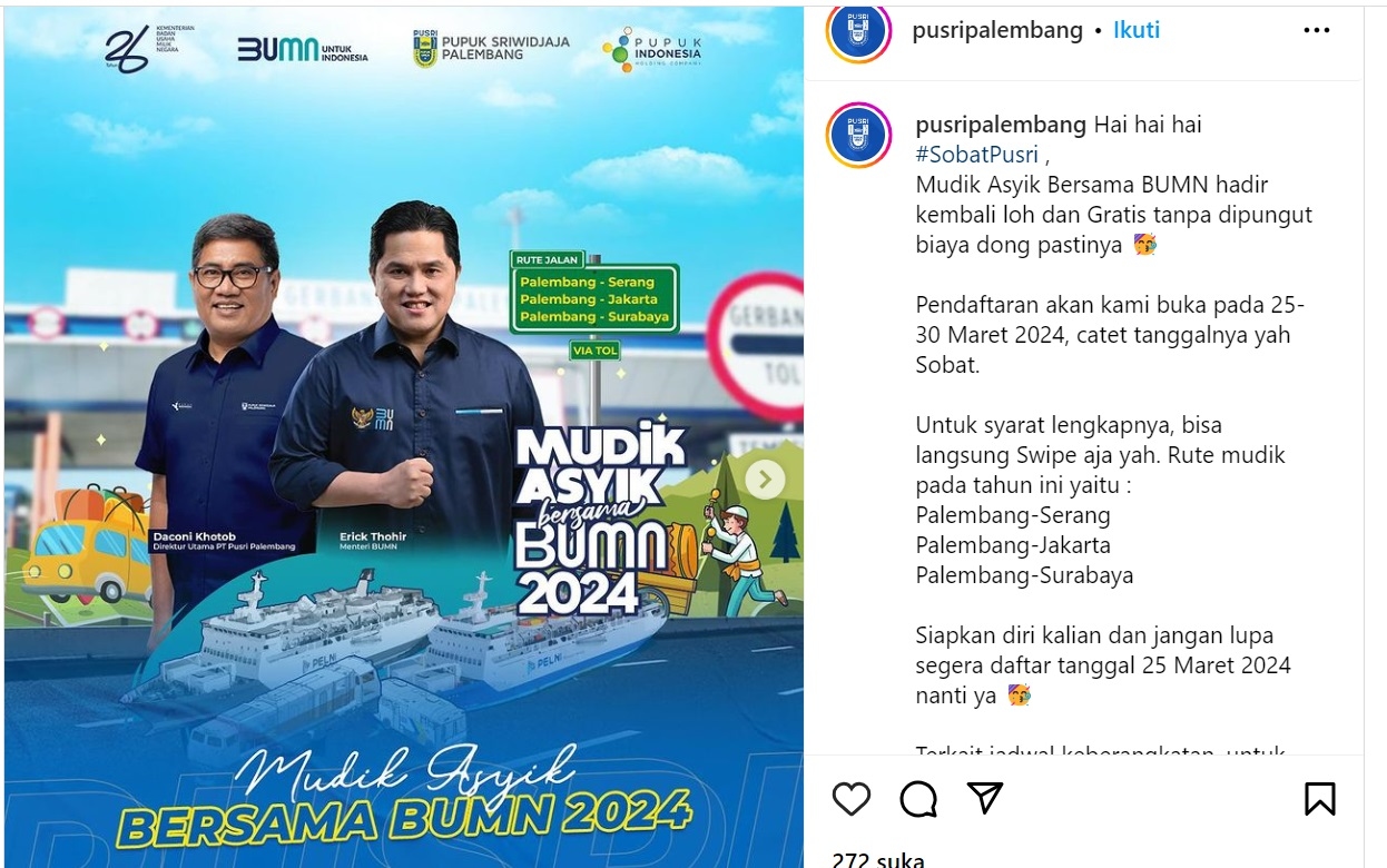 MUDIK GRATIS PT PUSRI: Pendaftaran Dibuka Hari ini, Rute Palembang Tujuan Serang, Jakarta dan Surabaya, Simak Info Selengkapnya di Sini