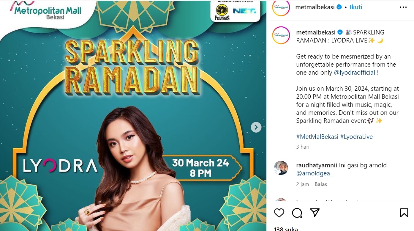 KONSER GRATIS! Saksikan Penampilan Penyanyi Lyodra di Metropolitan Mall Bekasi Akhir Pekan ini, Ada Late Night Sale dengan Diskon Hingga 70 Persen