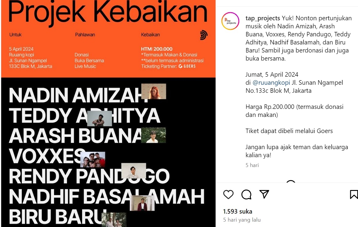 Jangan Lupa! Besok Ada Konser Musik Projek Kebaikan di Ruuang Kopi Blok M, Hadir Nadin Amizah hingga Nadhif Basalamah, Info Selengkapnya di Sini
