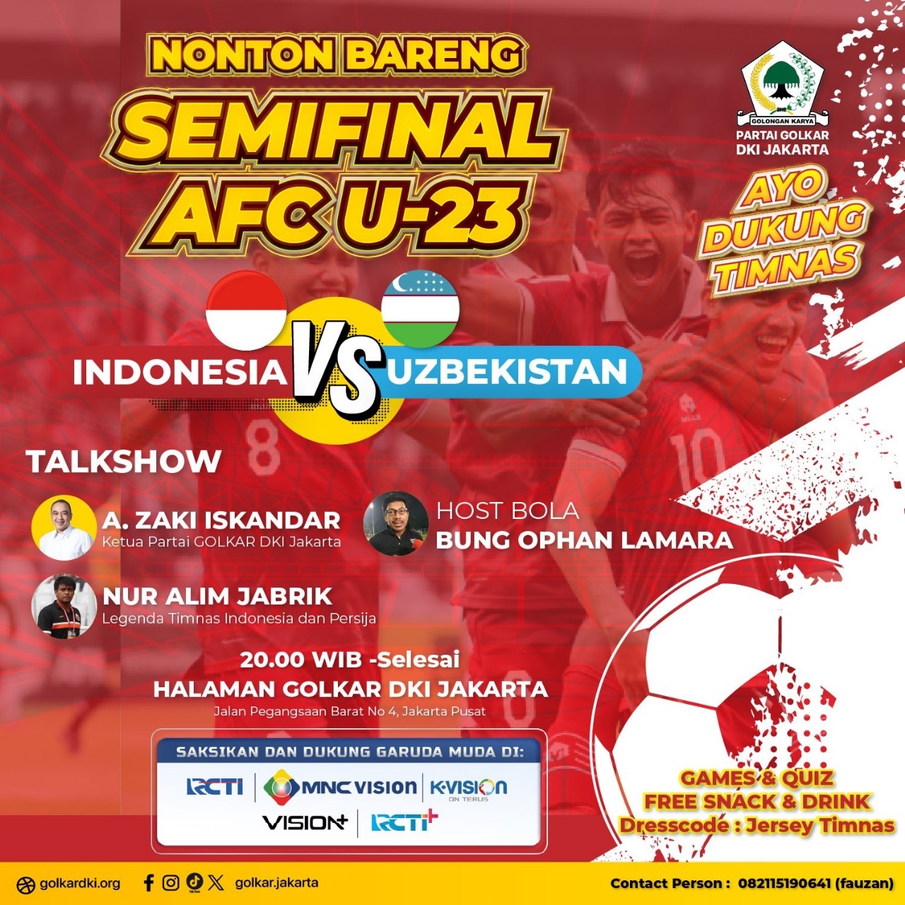 Daftar 15 Lokasi NOBAR GRATIS di Jakarta, SEMIFINAL PIALA ASIA 2024 Indonesia Vs Uzbekistan, Simak Selengkapnya di sini