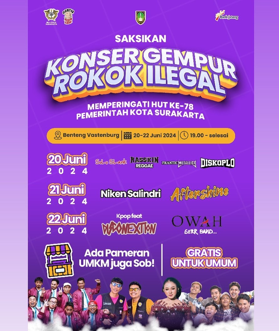 GRATIS! Konser Gempur Rokok Ilegal di Benteng Vastenburg Solo, Ada Niken Salindri, Aftershine hingga Rasskin Reggae, Catat Tanggalnya