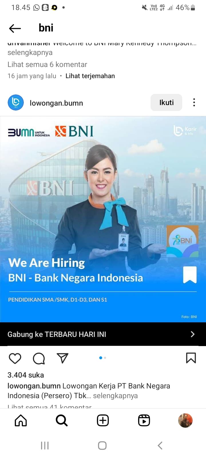 Dibuka Lowongan Kerja Bank BNI untuk Lulusan SMA, D3, S1 dan S2, Simak Posisi Kualifikasi serta Syaratnya