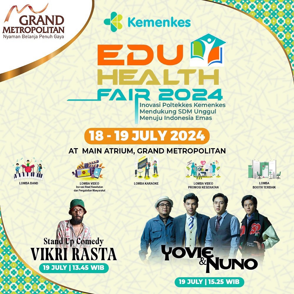 Konser Gratis Pekan Ini! Ada Yovie & Nuno dan Stand Up Comedy Vikri Rasta di Grand Metropolitan Bekasi, Acara Edu Health Fair 2024, Cek Tanggalnya