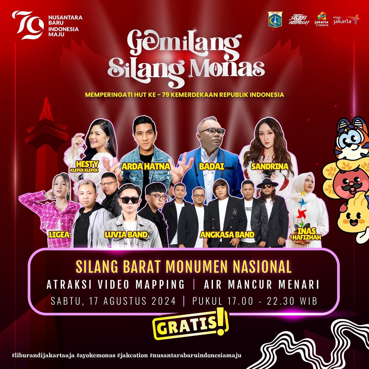Malam Agustusan Nonton Konser Gratis di Silang Monas, Yuk! Ada Hesty Klepek Klepek, Sandrina hingga Angkasa Band, Catat Waktunya!