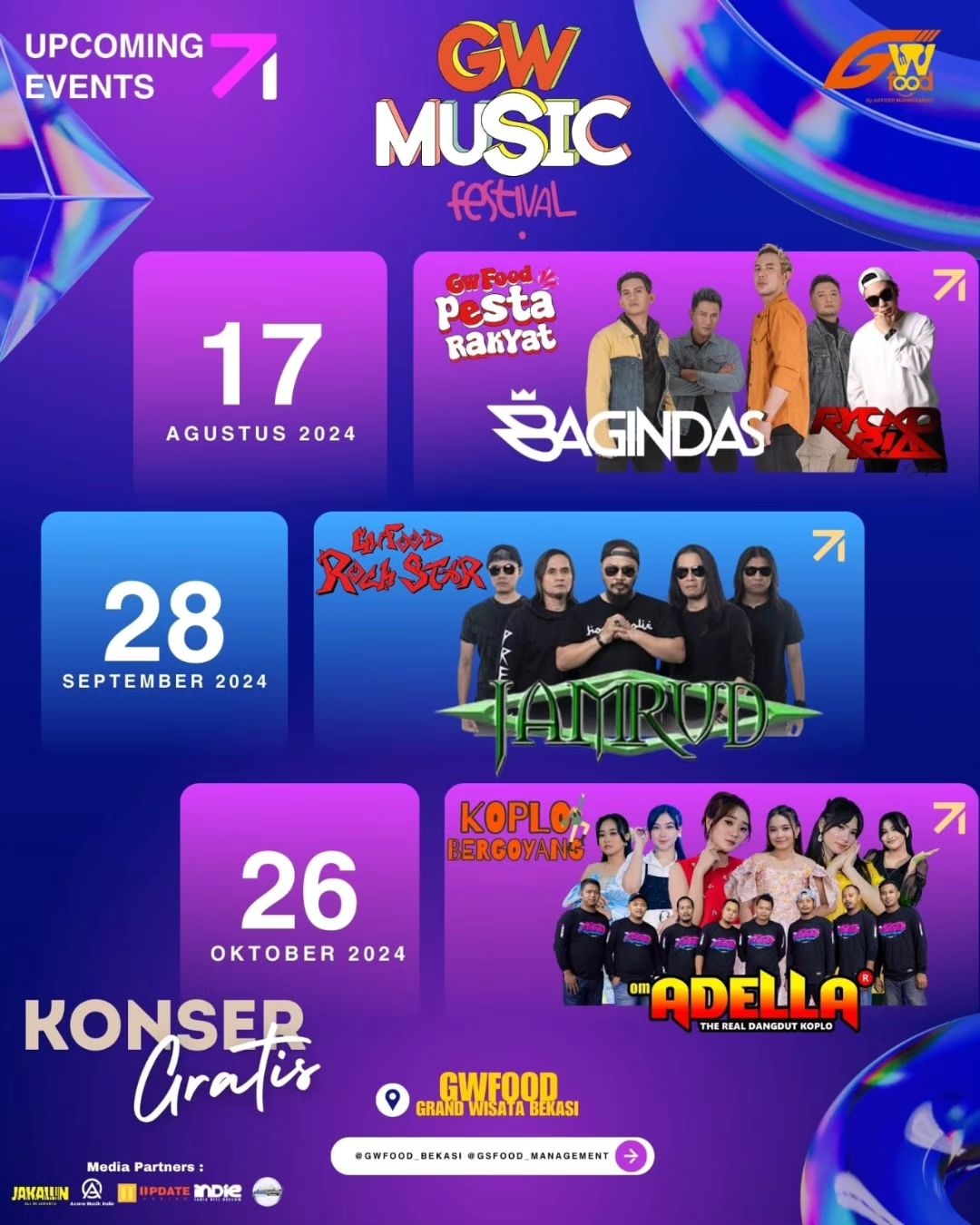 SIMAK! Jadwal Konser Gratis di GW Food Grand Wisata Bekasi, Dimulai pada 17 Agustus dengan Penampil Bagindas, Cek Selengkapnya di Sini