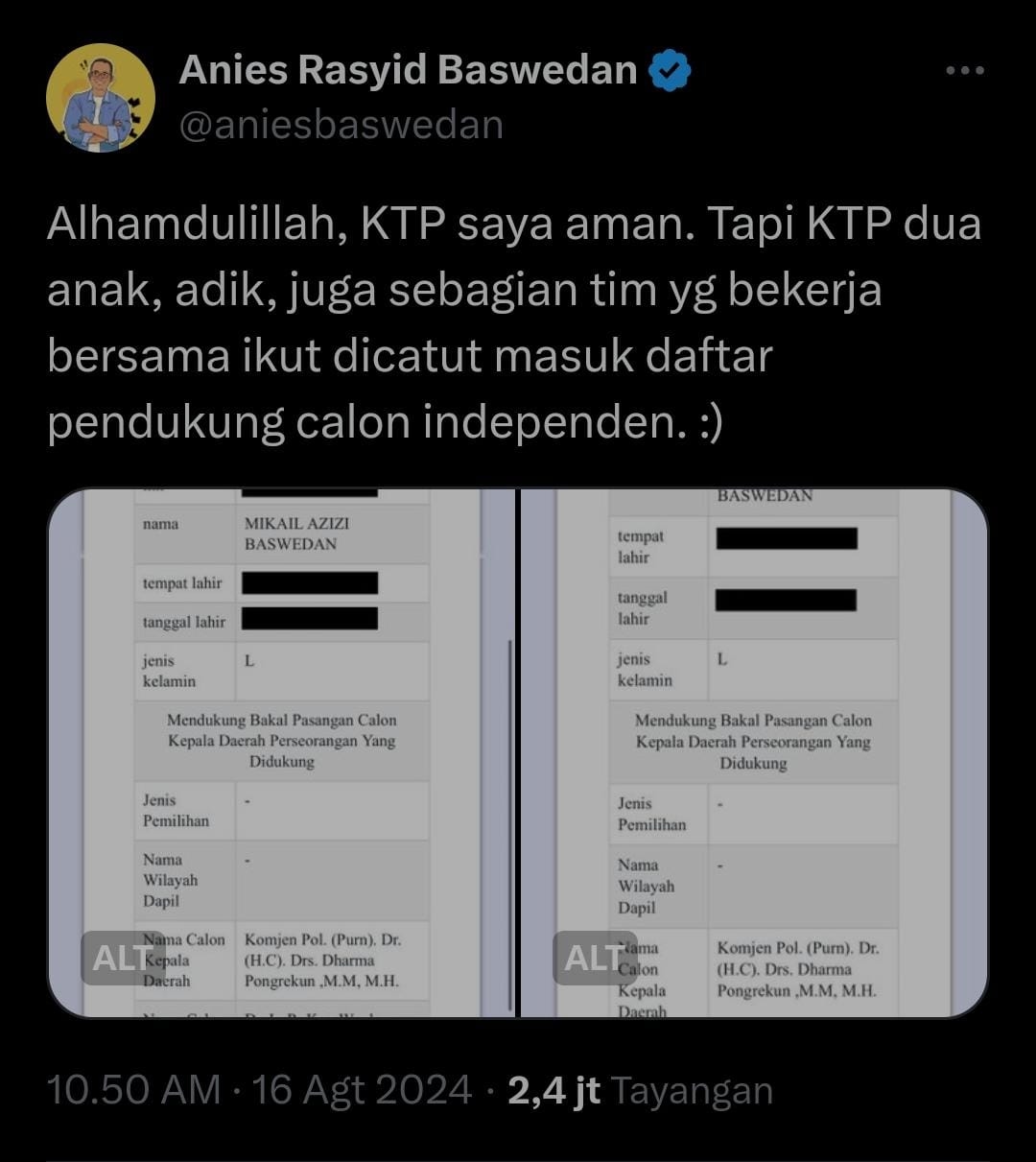 Aneh! Banyak KTP Warga Jakarta yang Dicatut Dukung Cagub Independen Dharma Pongrekun-Kun Wardhana, Termasuk 2 Anak Anies Baswedan