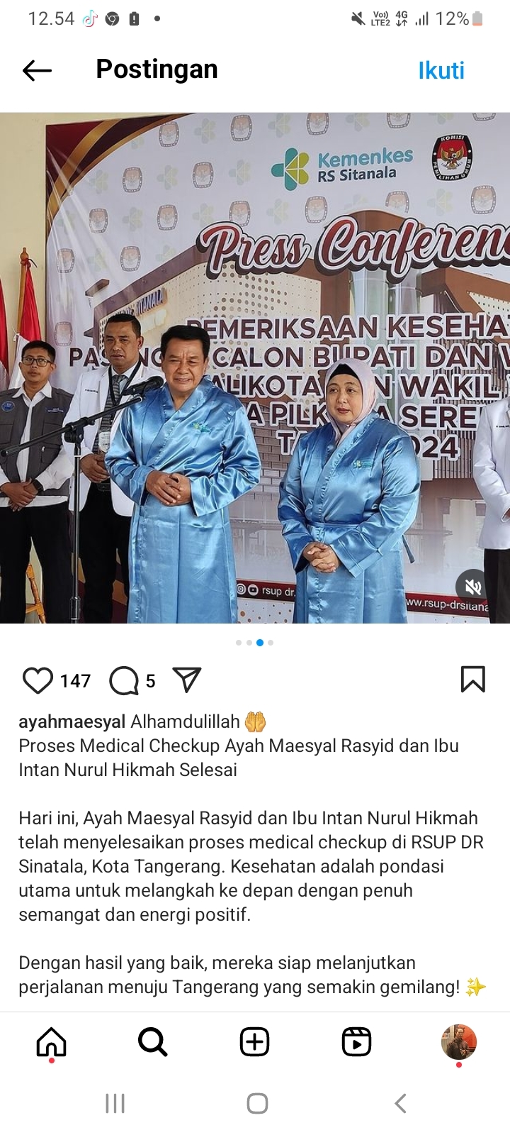 3 Pasangan Calon Pilkada Tangerang Jalani Tes Kesehatan, Maesyal-Intan Berjalan Lancar dan Hasilnya Baik