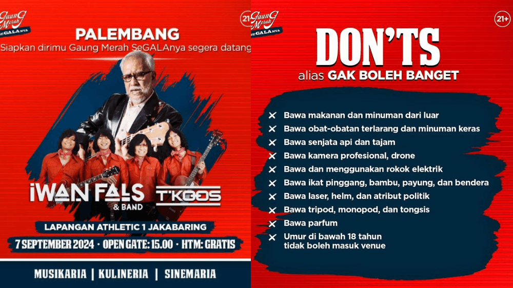 Oi Sumsel Jangan Lupa! Sabtu Lusa Ada Konser Gratis Iwan Fals di Jakabaring Palembang, Ingat! Dilarang Bawa 15 Jenis Barang Ini