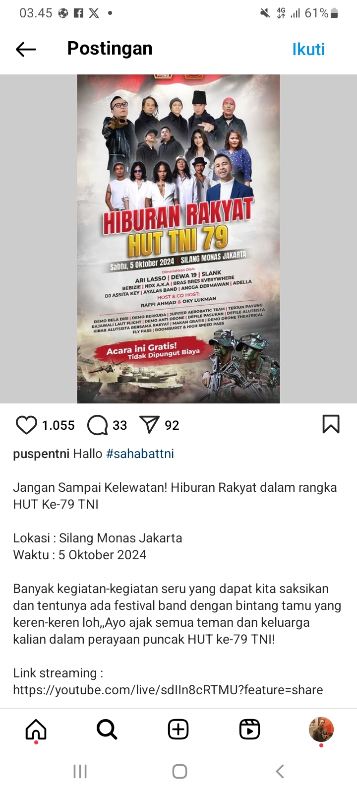 LINK LIVE STREAMING Konser Gratis Dewa 19, SlanK, NDX AKA dan Ari Lasso di Monas Jakarta di Puncak HUT TNI