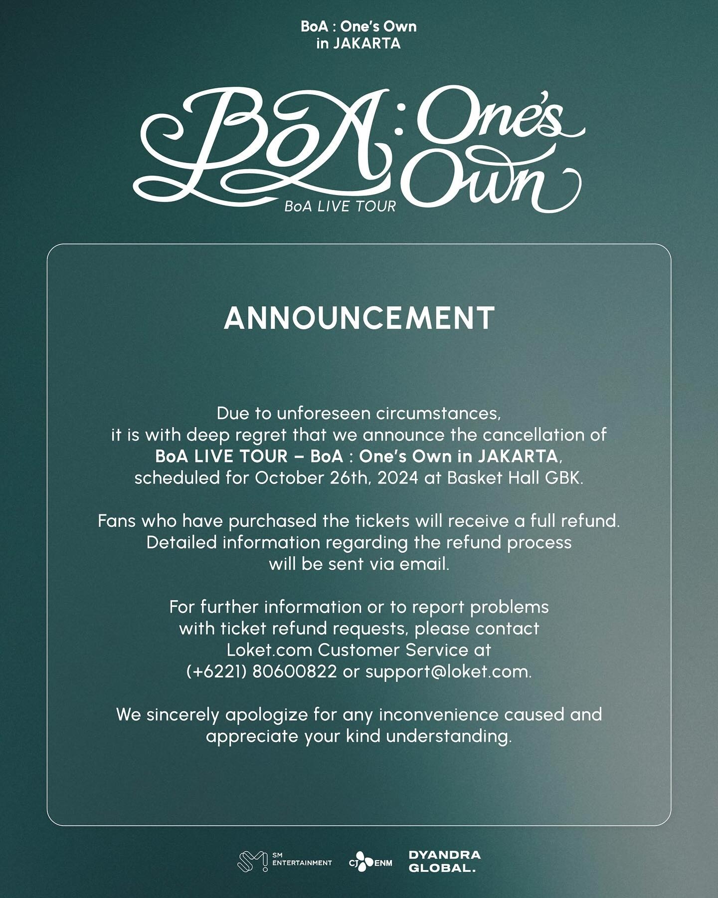 PEMBERITAHUAN! Konser K-pop “BoA One’s Own” di Jakarta Resmi Dibatalkan, Promotor Janji Kembalikan Duit Tiket Secara Utuh