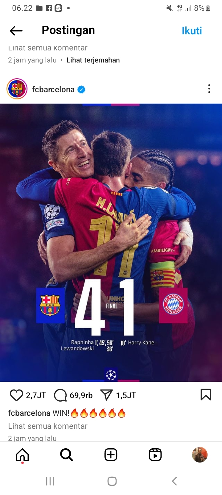 Skor Akhir Barcelona Vs Bayern Munich, Trigol Raphinha Kemenangan Besar Liga Champions di Estadi Olimpic Lluis Companys