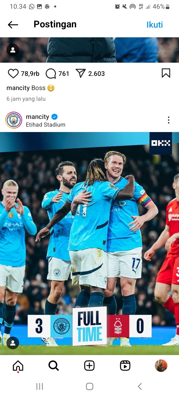 Moment Manchester City Bangkit Hantam Nottingham Forest 3-0, De Bruyne Cetak Gol dan Asist