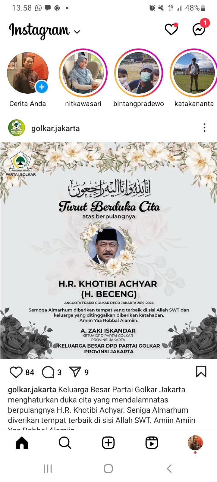 Inalillahi, Mantan Anggota DPRD Jakarta Fraksi Golkar Haji Beceng Meninggal Dunia