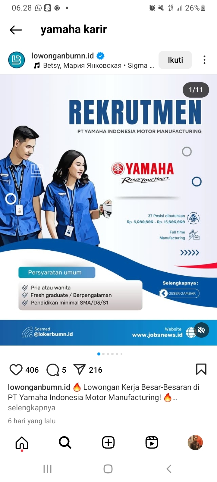 Buruan Tawaran Menarik Lowongan Kerja di Yamaha Motor Gaji Rp 9 Juta, Posisi Admin Temporary Bisa Lulusan SMA