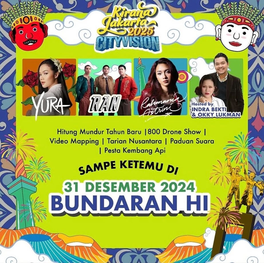 Kirana Jakarta 2025, Rangkaian Acara di Bundaran HI pada Malam Tahun Baru, dari Pertunjukan 800 Drone, Pesta Kembang Api, hingga Konser Musik, Gratis!
