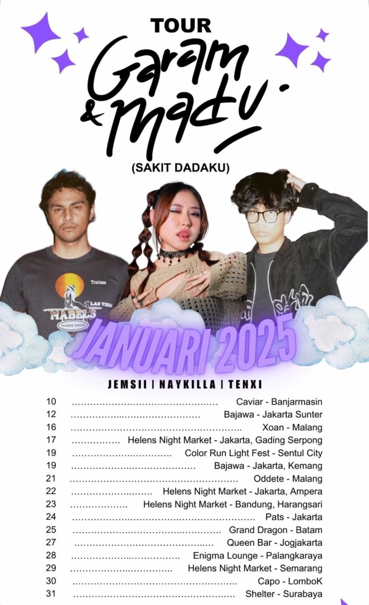 Lagu Hipdut 'Garam dan Madu, Sakit Dadaku' Lagi Trending di Medsos, Tenxi, Naykilla dan Jemsii Bakal Tour Konser di 14 Kota, Berikut Jadwal Lengkapnya