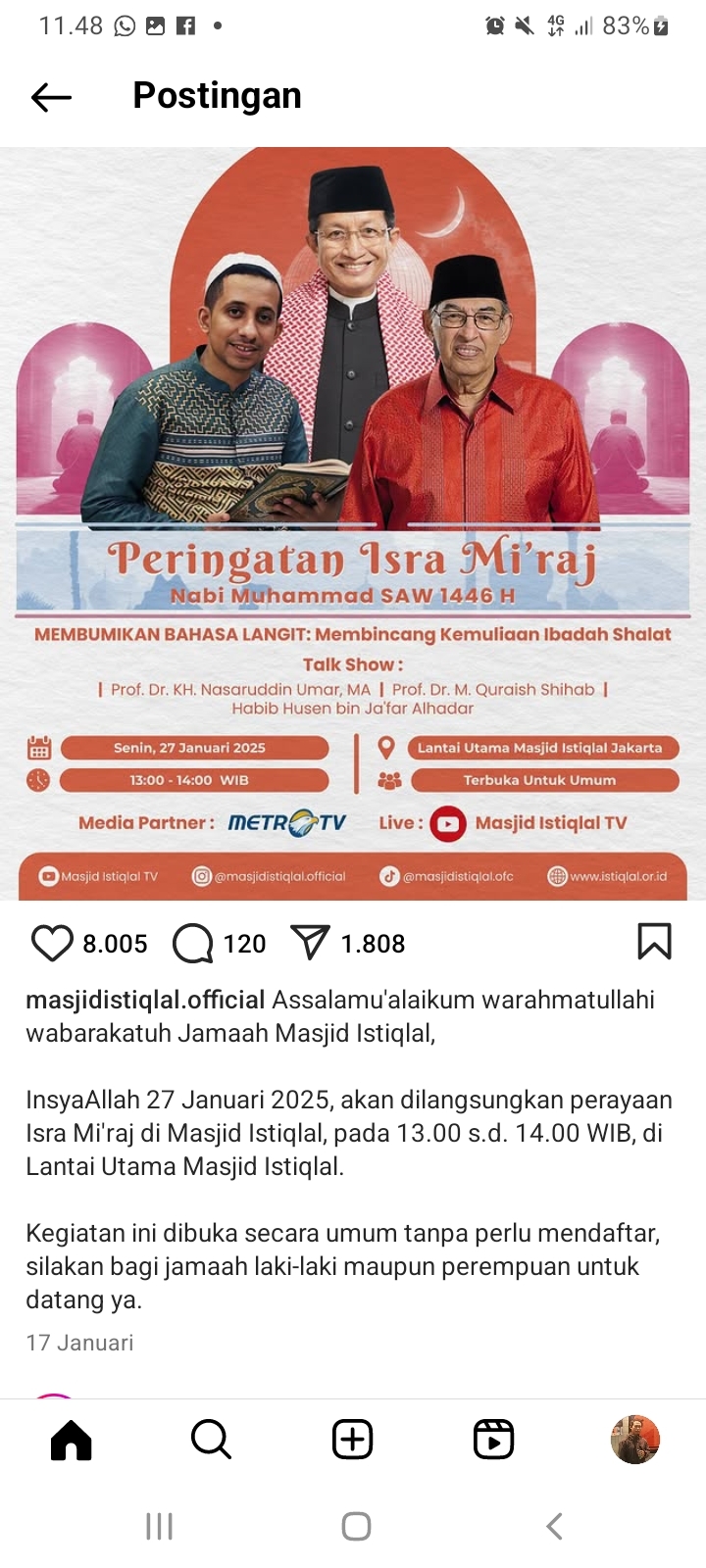 DATANG! Siang Ini Ada Peringatan Isra Mikraj di Masjid Istiqlal: Menag, Prof Quraish Shihab dan Habib Husen