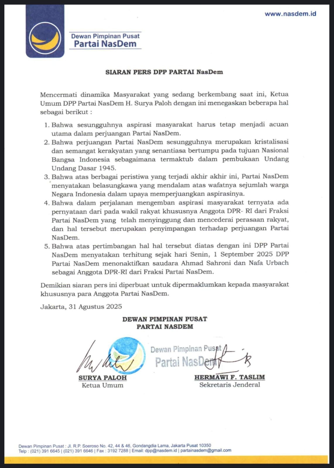 Resmi! Sahroni, Eko Patrio, Uya Kuya dan Nafa Urbach Dinonaktifkan dari Keanggotaan DPR RI