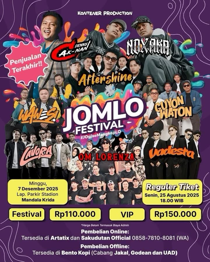 Jomlo Festival 2025 di Stadion Mandala Krida Yogyakarta Pada 7 Desember, Ada Denny Caknan, Guyon Waton, NDX AKA hingga Aftershine