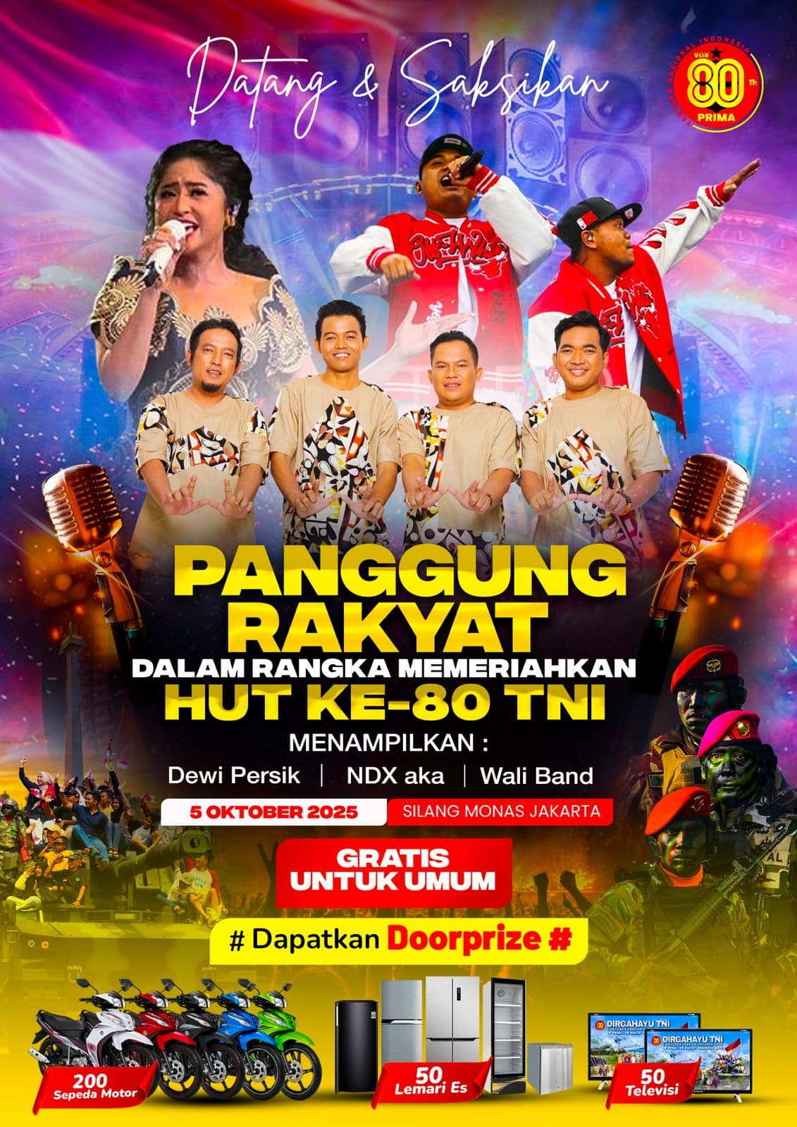 Jangan Lupa! Wali Band, NDX AKA dan Dewi Perssik Bakal Goyang Panggung Rakyat di Monas pada 5 Oktober 2025, Perayaan HUT ke-80 TNI, Gratis!