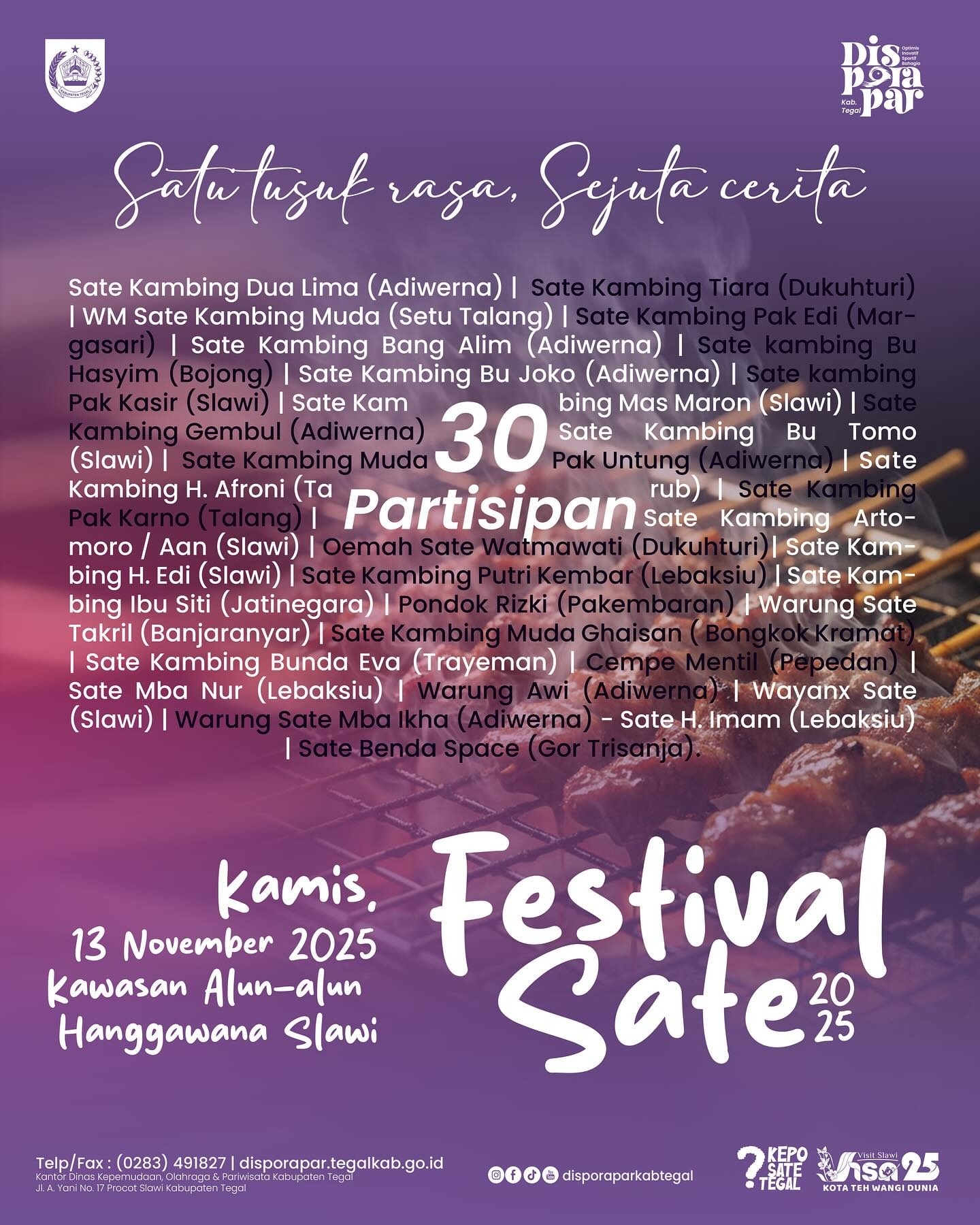 Pecinta Kuliner Sate Merapat! FESTA 2025 Digelar di Alun-Alun Hanggawana Slawi pada 13 November, Gratis 12.000 Tusuk Sate Tegal